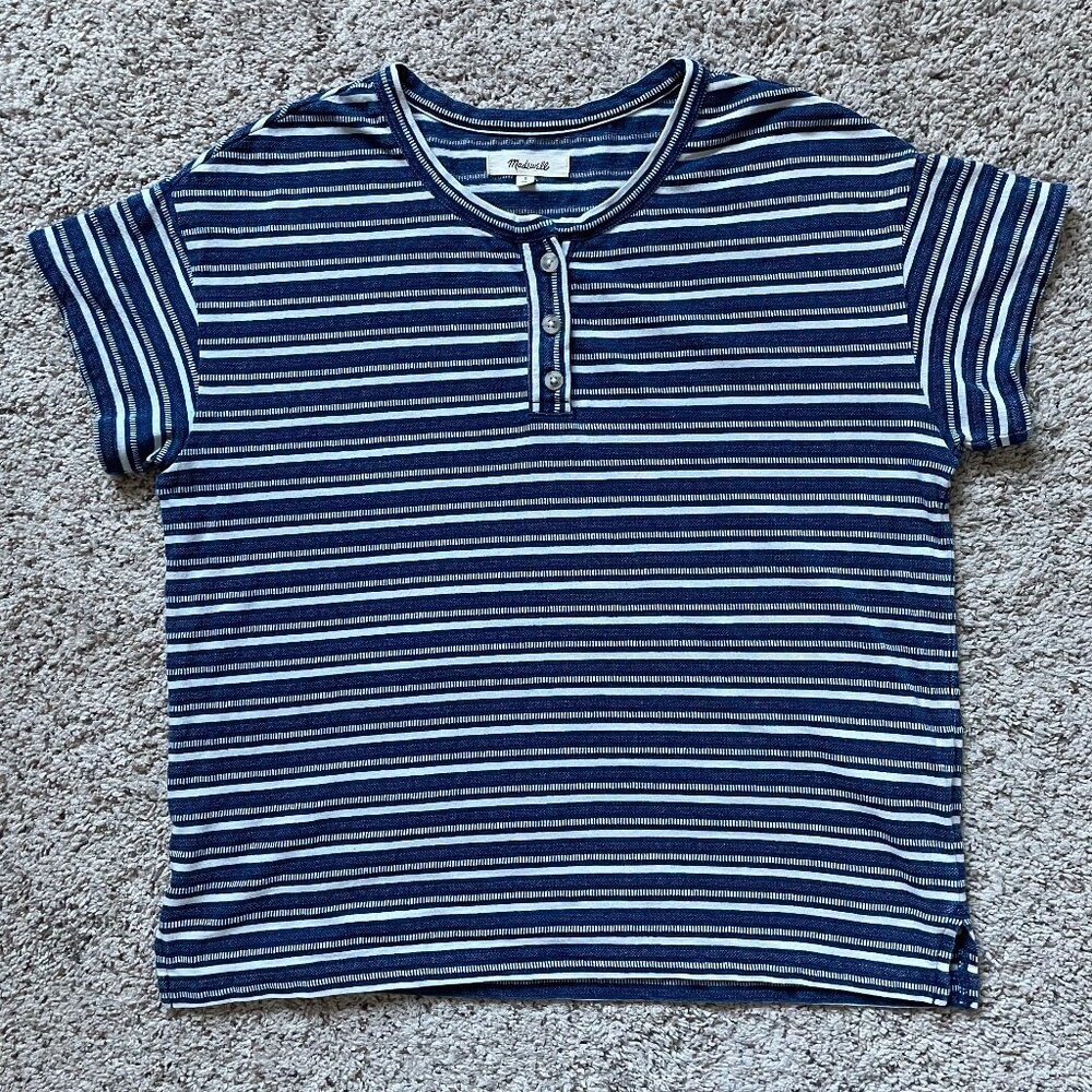 - Madewell - Brother Henley Tee in Indigo Stripe, Short Sleeve Henley Shirt